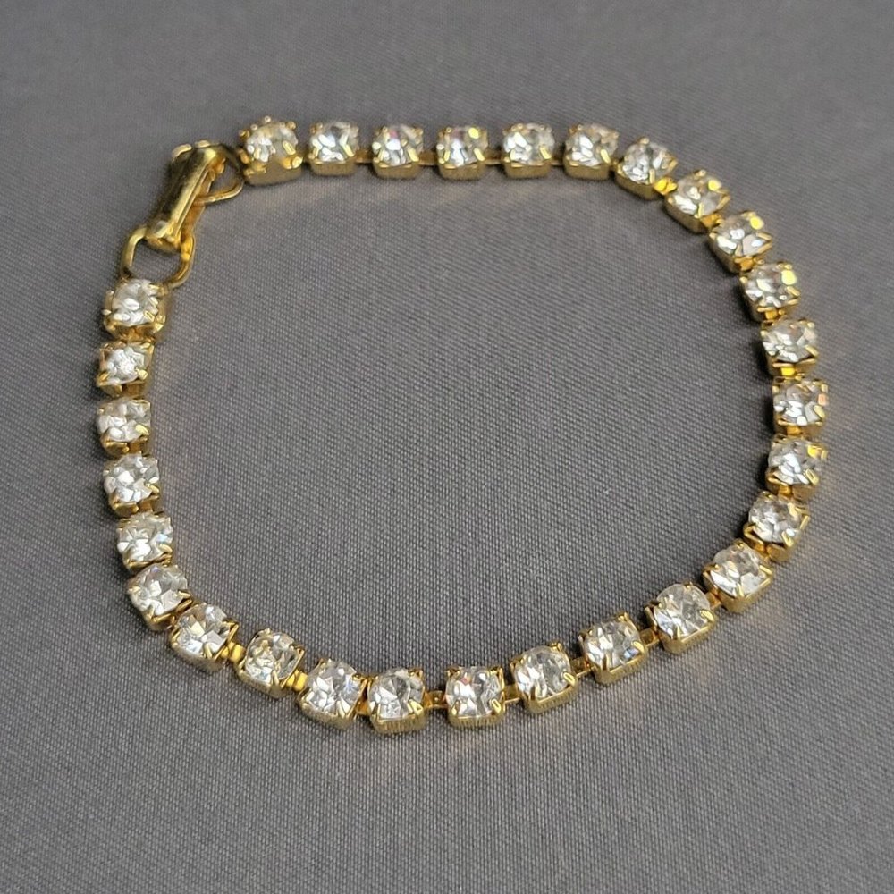 Gold Tone Prong Set Crystal Fashion Tennis Bracelet USA Made 7 in Vintage